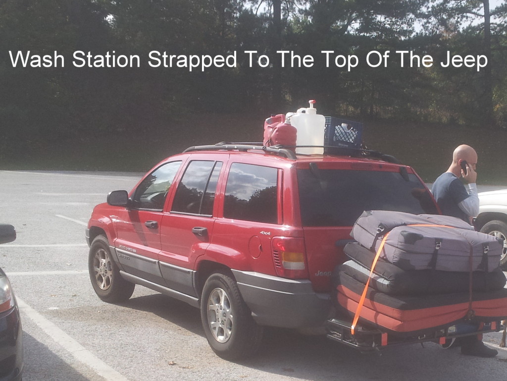 Wash Station for Car Camping Strapped to Jeep