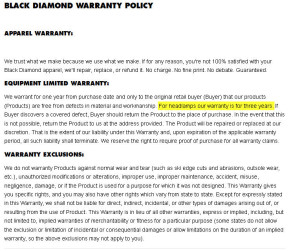 Black Diamond Warranty Policy From Their Website