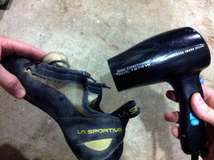 Use a hair dryer to kill bacteria in climbing shoes